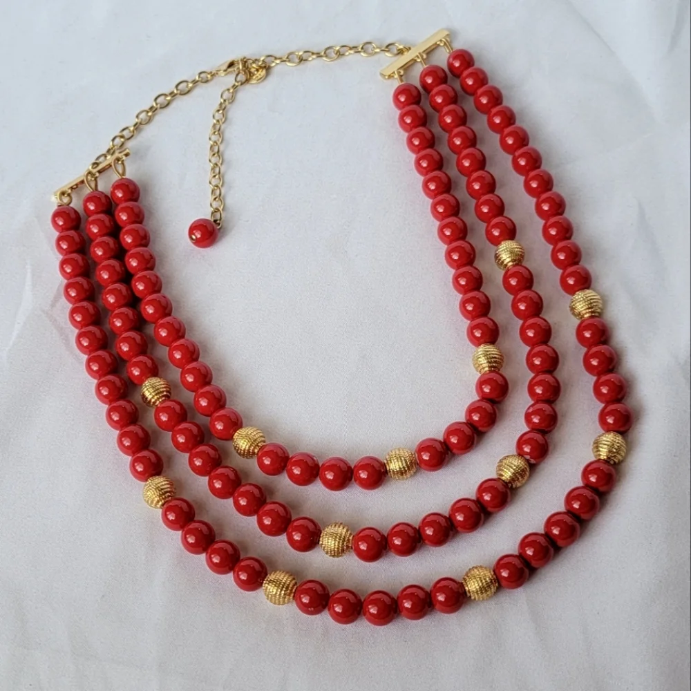 Talbots Signed Red and Gold Three Strand Beaded Necklace